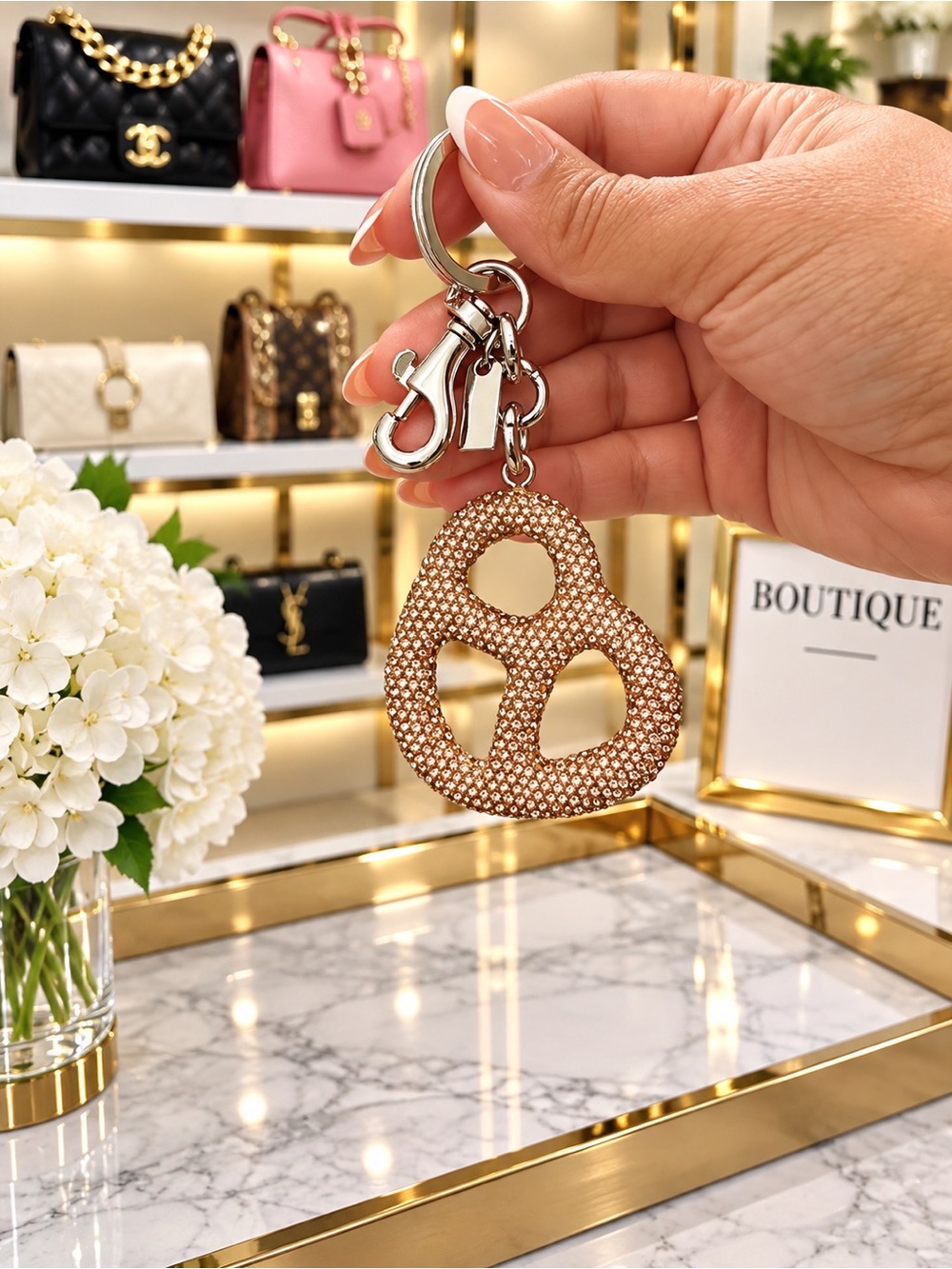 Crystal-Embellished Rose Gold Pretzel Keychain - Women Accessories